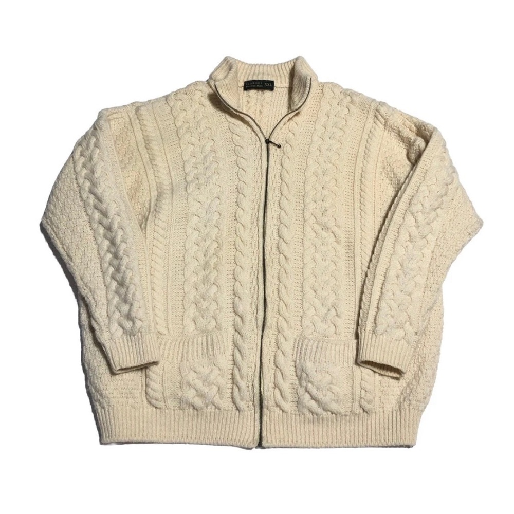 Vintage Blarney Woolen Mills Ireland Ivory 100% Wool Full Zip Cable knit Sweater